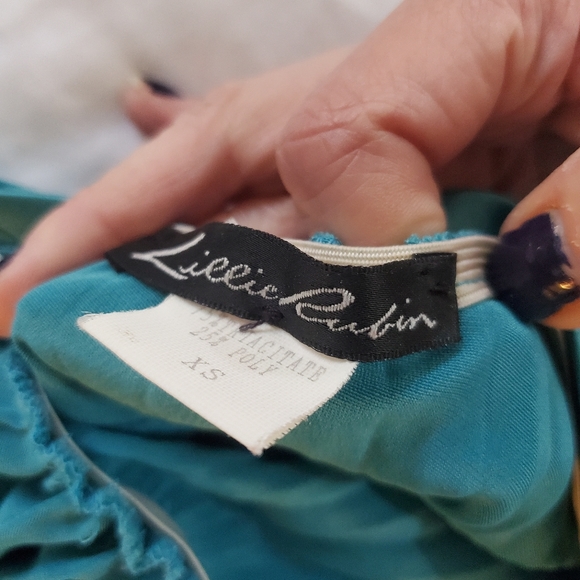 Aqua blue green satin pleated party dress, XS, halter, backless, Lillie Rubin - Picture 7 of 10